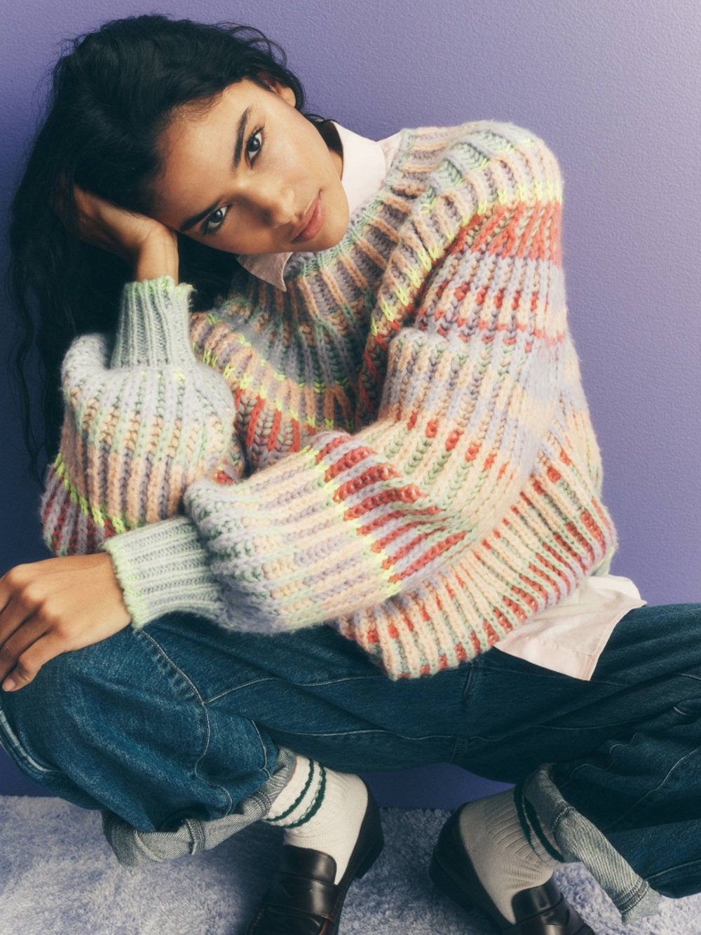 NWT Maeve x Anthropologie Mock-Neck Chunky Wool-Blend Sweater in Pastel Stripe